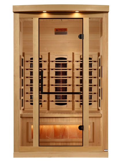 Wooden sauna with glass door on a white background
