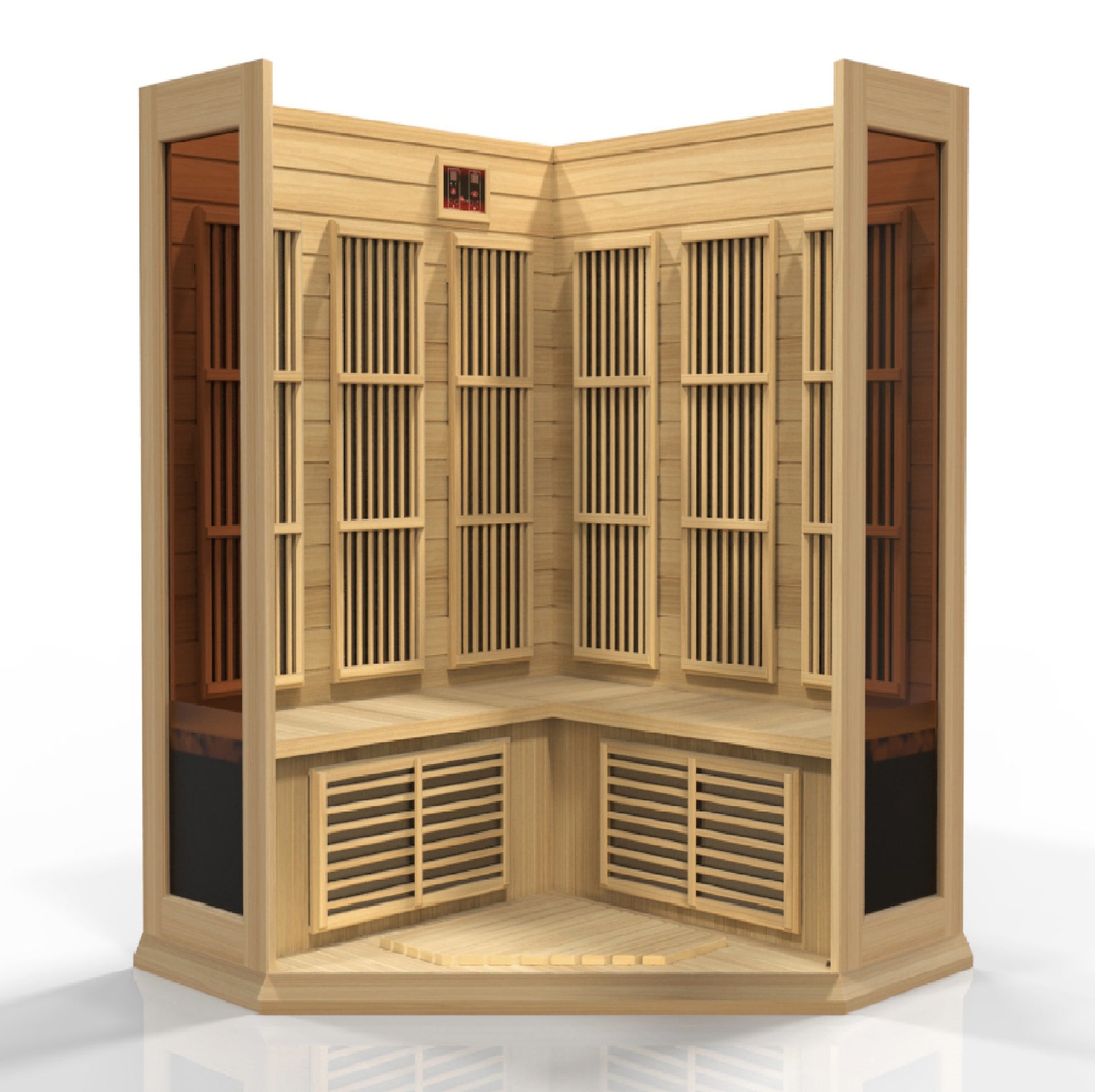 Wooden sauna with grid design on a white background