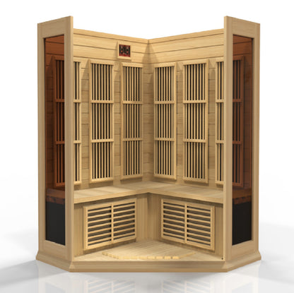 Wooden sauna with grid design on a white background
